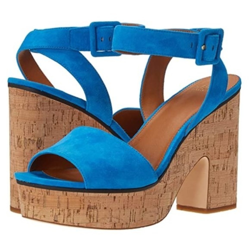 Franco Sarto Womens Size 11 Blue Suede Leather Chunky Cork Platform Heels‎ Shoes